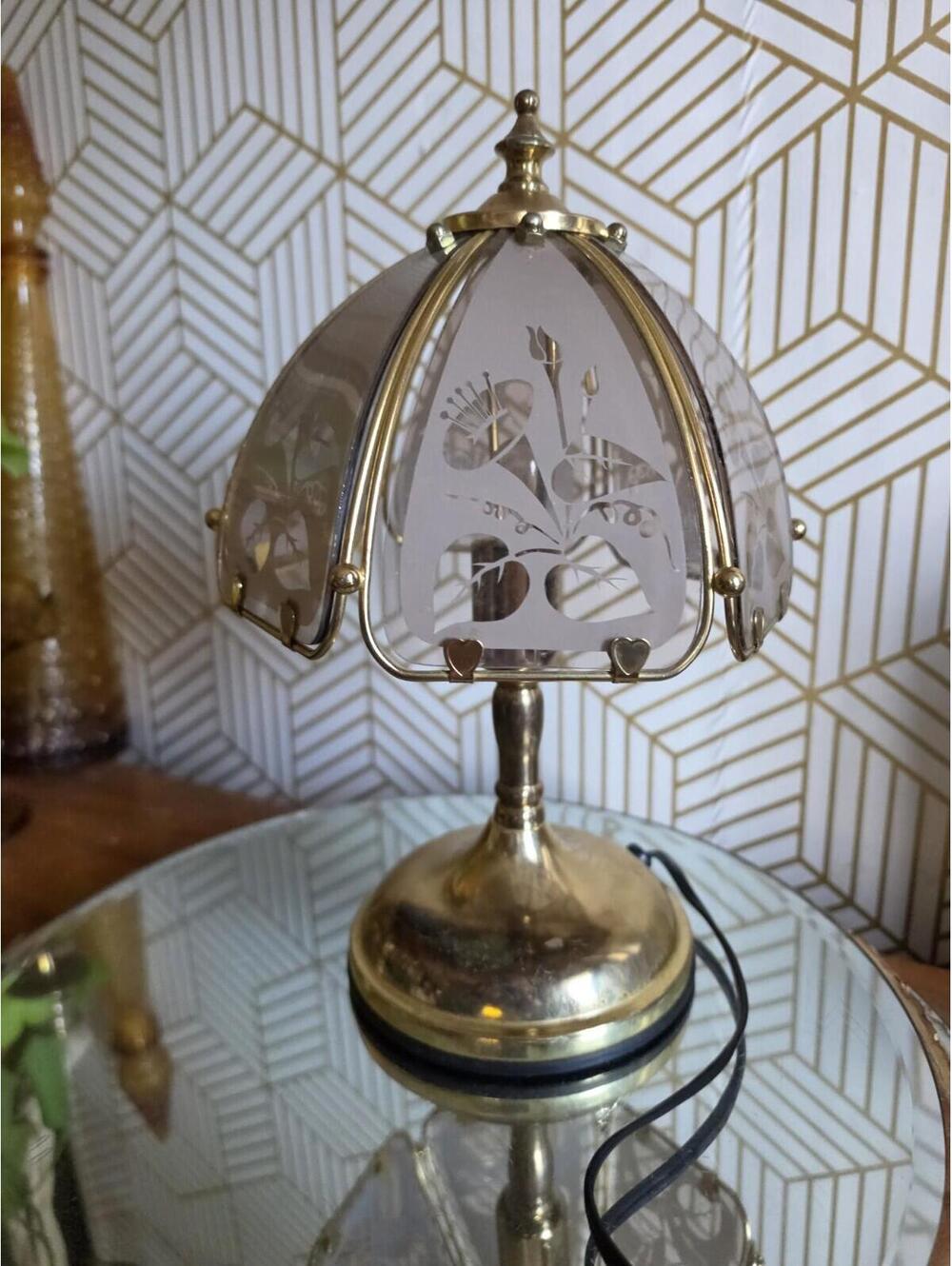 Vintage Petite Brass & Glass Paneled Shade Table Light Bedside Accent Lamp